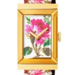 gucci g frame ur med firkantet urkasse i guld og blomstret læder rem inspiration til smykkeure til kvinder urkompagniet