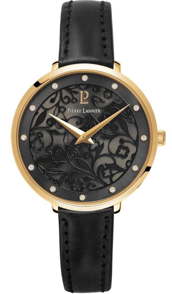 klassisk ur til kvinder med sort rem guld krans og sort skive med blomster relief fra pierre lannier hos urkompagniet