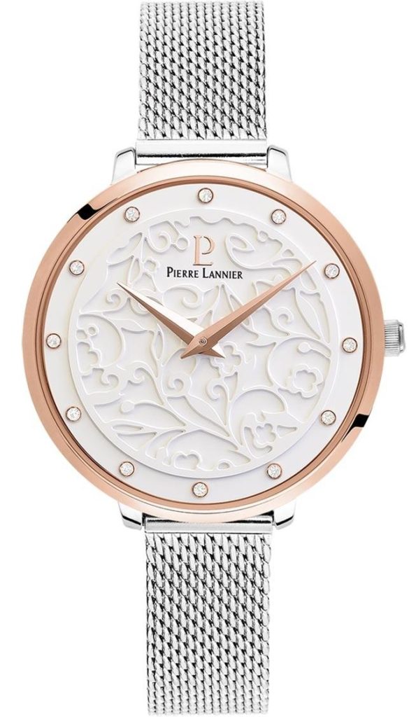 klassisk ur til kvinder med sølv mesh rem rosaguld krans og hvid skive med blomster relief fra pierre lannier hos urkompagniet