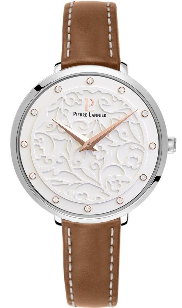 klassisk ur til kvinder med brun læderrem og hvid urskive med blomster relief fra pierre lannier hos urkompagniet