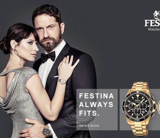 festina always fits kampagne med gerard butler Festina Chronograph F20364 3 med sort skive og guld lænke