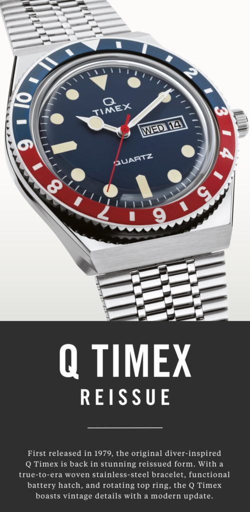 Timex Q herreur med blå urskive og tætte led på lænken